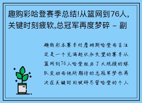趣购彩哈登赛季总结!从篮网到76人,关键时刻疲软,总冠军再度梦碎 - 副本