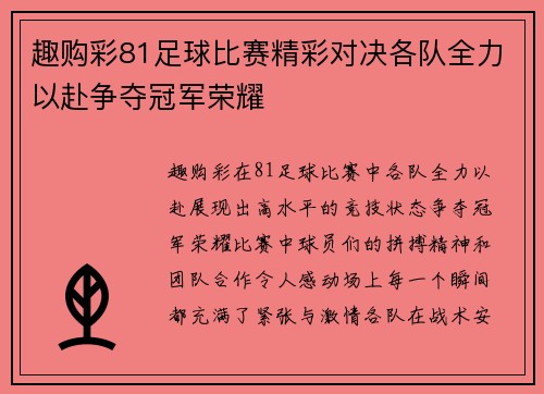 趣购彩81足球比赛精彩对决各队全力以赴争夺冠军荣耀