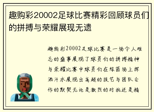 趣购彩20002足球比赛精彩回顾球员们的拼搏与荣耀展现无遗