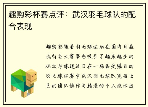 趣购彩杯赛点评：武汉羽毛球队的配合表现