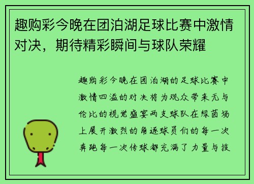 趣购彩今晚在团泊湖足球比赛中激情对决，期待精彩瞬间与球队荣耀