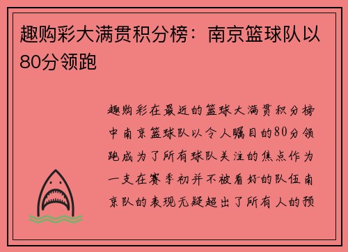 趣购彩大满贯积分榜：南京篮球队以80分领跑