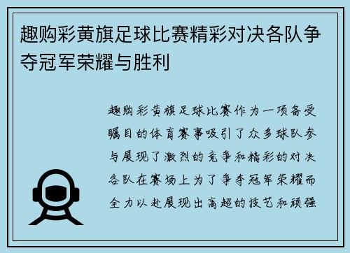 趣购彩黄旗足球比赛精彩对决各队争夺冠军荣耀与胜利