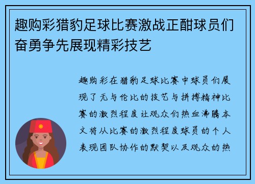 趣购彩猎豹足球比赛激战正酣球员们奋勇争先展现精彩技艺