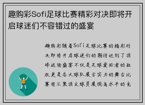 趣购彩Sofi足球比赛精彩对决即将开启球迷们不容错过的盛宴