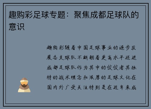 趣购彩足球专题：聚焦成都足球队的意识