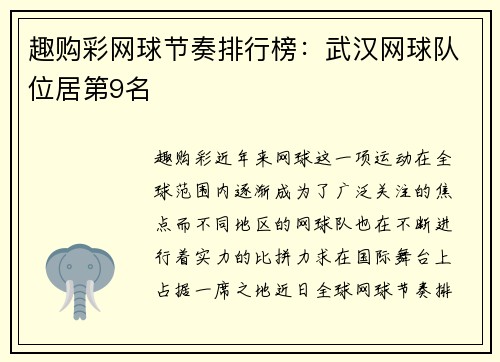 趣购彩网球节奏排行榜：武汉网球队位居第9名